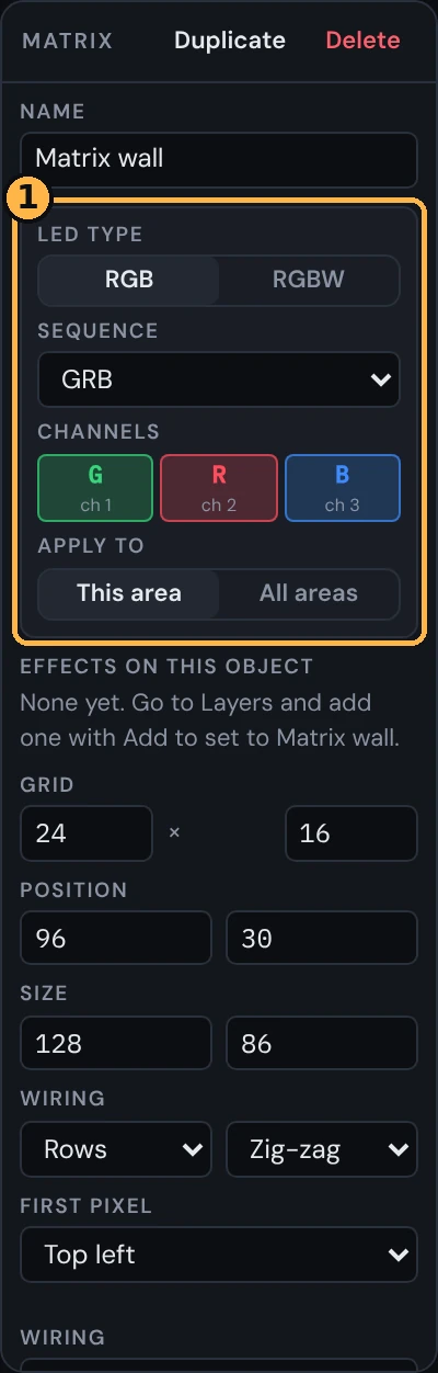LED type box with RGB and RGBW, sequence, channels and apply to options