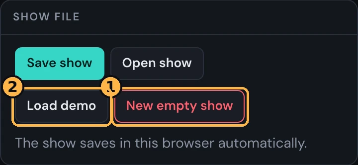 Show file panel with Save show, Open show, Load demo and New empty show buttons