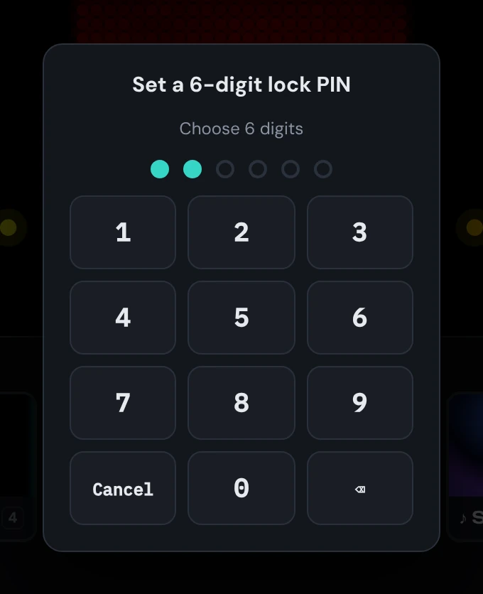PIN keypad with six dots and number buttons