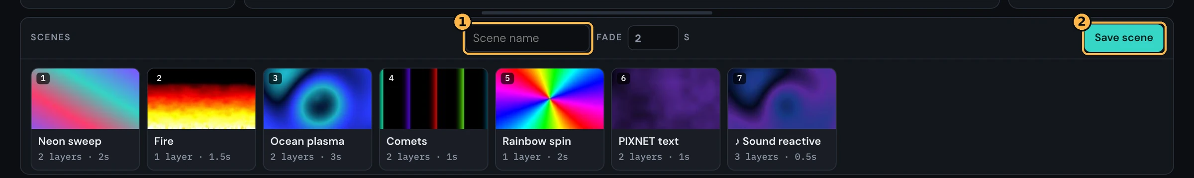 Scenes bar with the scene name box and Save scene button highlighted