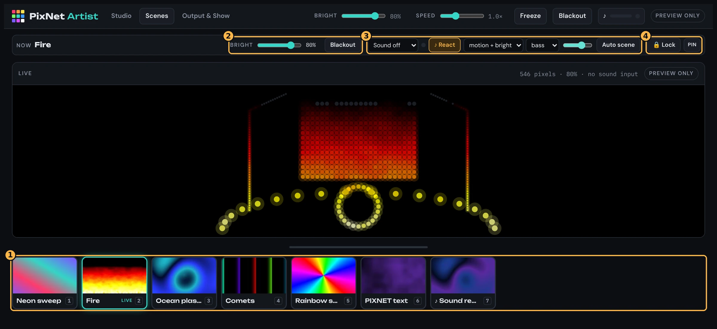 Scenes screen with scene tiles, brightness, sound controls and lock highlighted