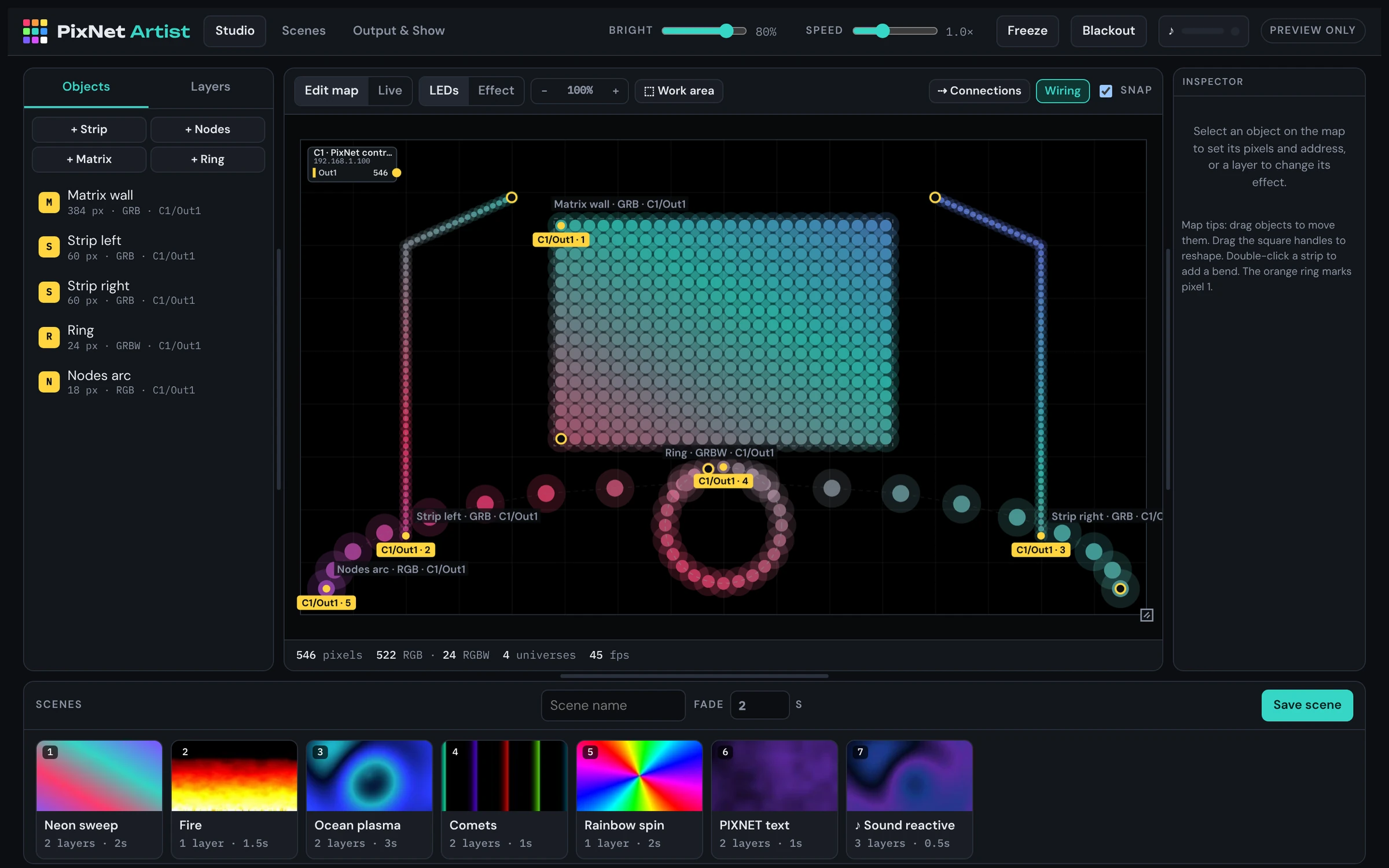 PixNet Artist Studio screen with a matrix, two strips, a ring and an arc of nodes mapped to one controller output